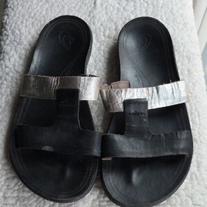 Olukai Black and Silver Slide Sandals, 9